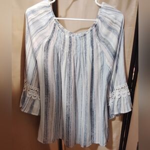 Floral And Ivy Striped Blue & White Peasant Blouse with Lace Trim Sleeves